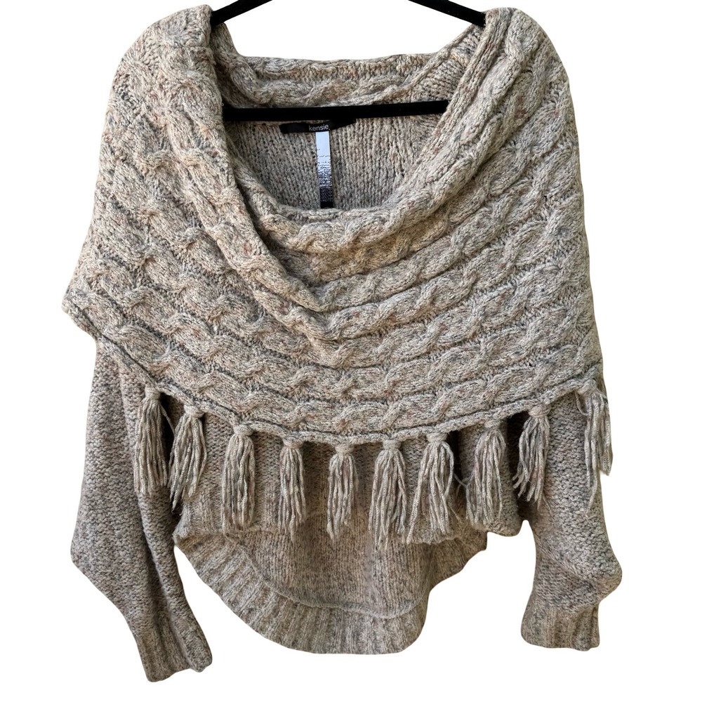 Kensie Boho Cottagecore Coastal Marl Chunky Cable Knit Tassel Oversize Sweater M